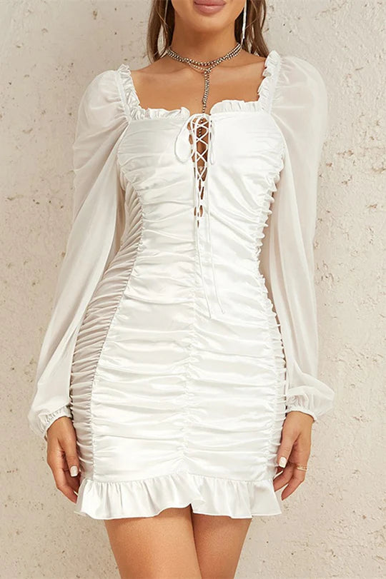 Minivestido de fiesta con volantes, cuello cuadrado y cordones